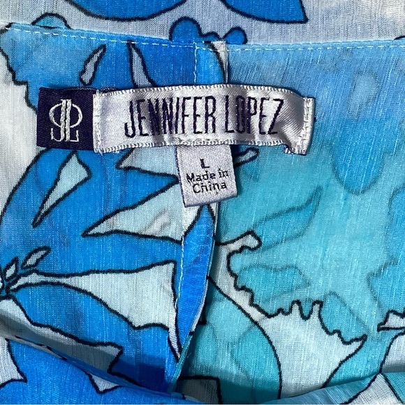 Jennifer Lopez Blouse Women's L Blue Floral Semi Sheer Kimono Sleeves Flowy Top - Picture 5 of 12